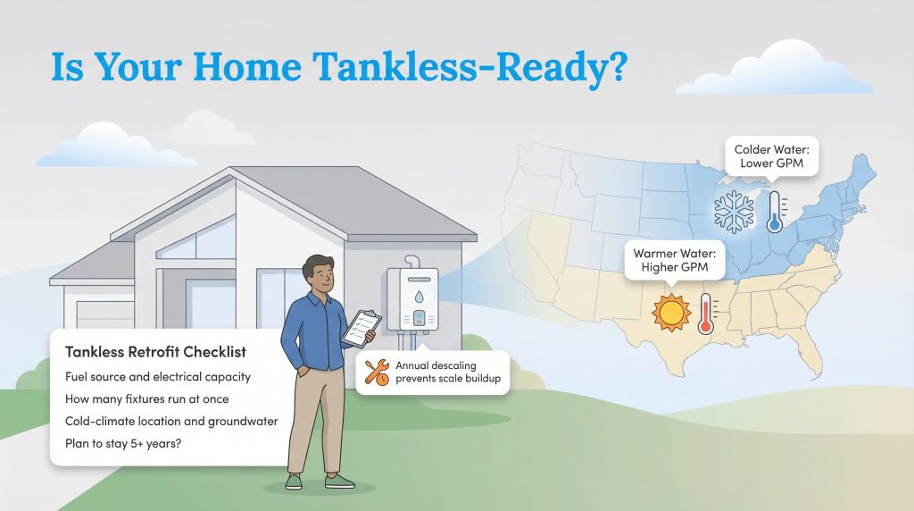 Infographic with a tankless retrofit checklist, US map showing water temperatures, and a descaling tip.