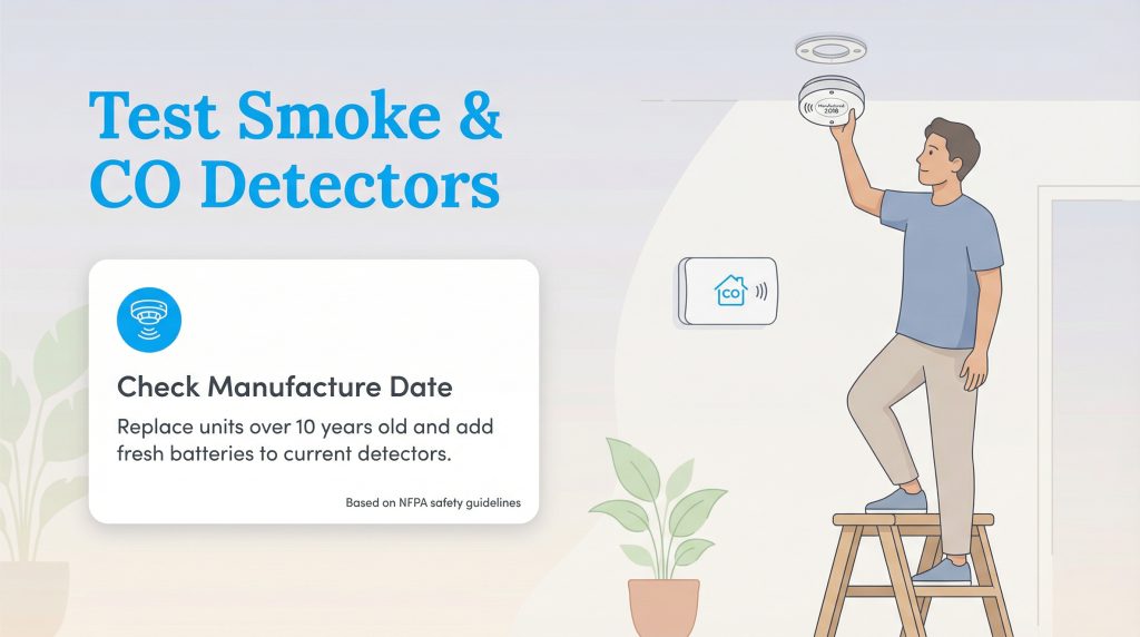Man on a ladder testing a smoke detector, with a CO detector and checklist on a wall.