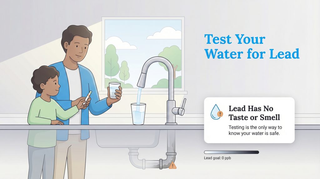 Illustration of a father and child testing tap water, emphasizing lead is tasteless and requires testing.