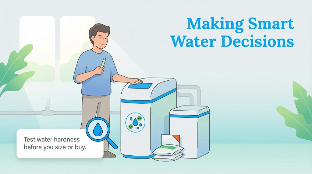 A man holds a test strip beside a water softener. Text reads: Test water hardness before you size or buy.