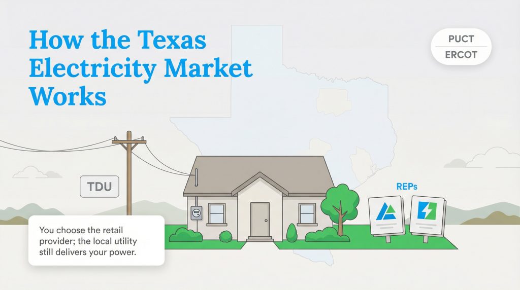 Diagram illustrating the Texas electricity market, showing a house, TDU, and a choice between REPs.