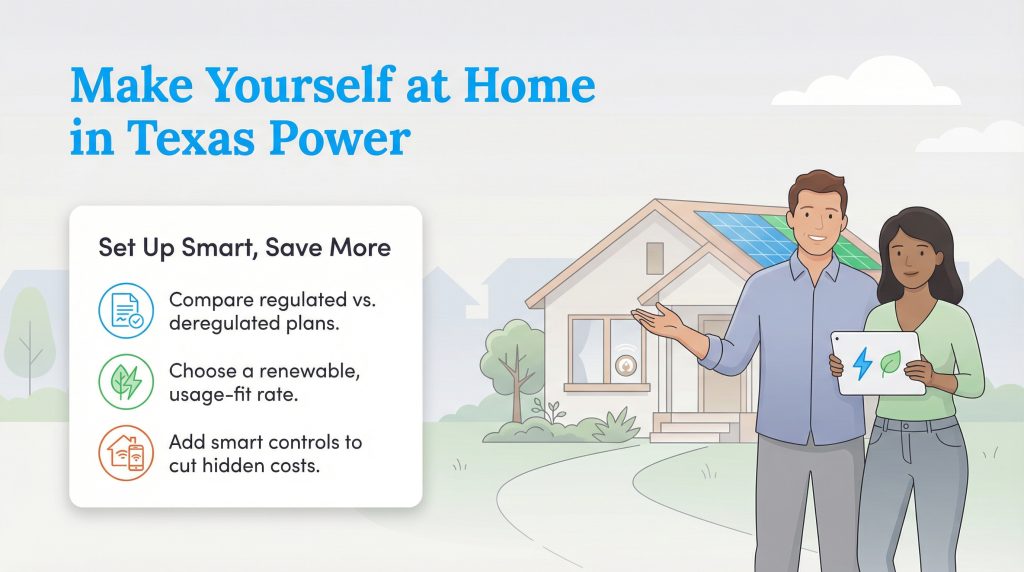 A couple stands in front of a house with solar panels, next to a checklist of tips for setting up power in Texas.