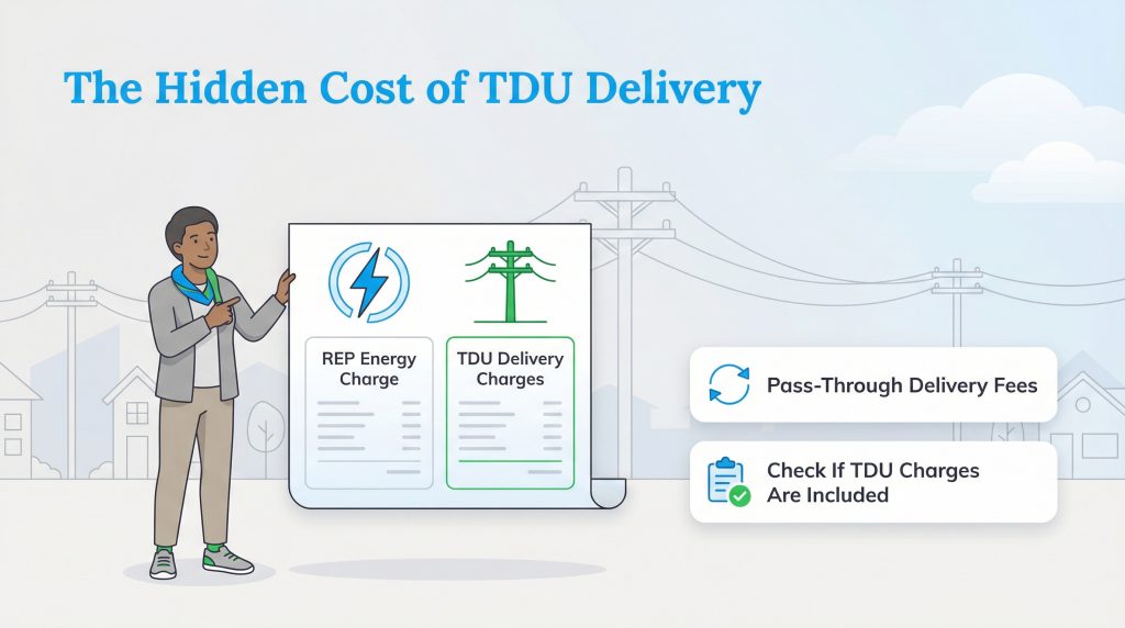 Illustration showing a breakdown of a Texas electric bill into REP Energy and TDU Delivery charges.