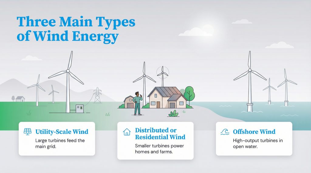 Infographic showing Utility-Scale Wind, Distributed/Residential Wind, and Offshore Wind turbines.