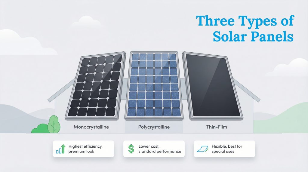 Illustration showing Monocrystalline, Polycrystalline, and Thin-Film solar panels side-by-side.