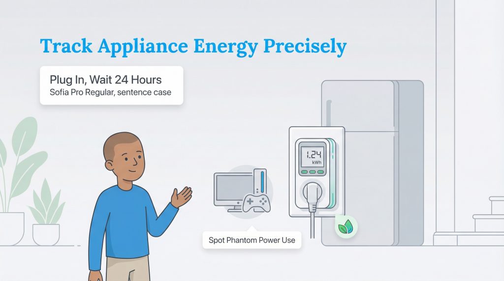 Illustration of a man using a plug-in electricity monitor on a refrigerator to track energy use.