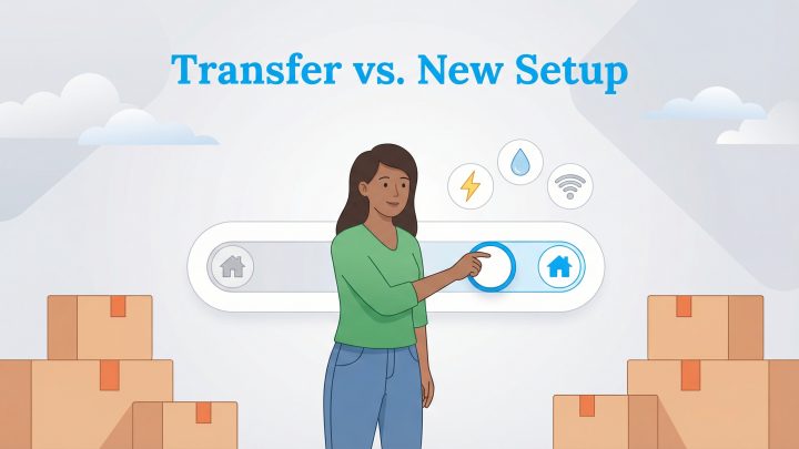 Illustration of a woman with boxes switching a toggle for utilities between 'Transfer' and 'New Setup'.
