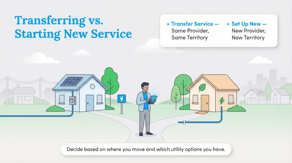 Illustration of a person deciding between transferring utility service or setting up a new service.