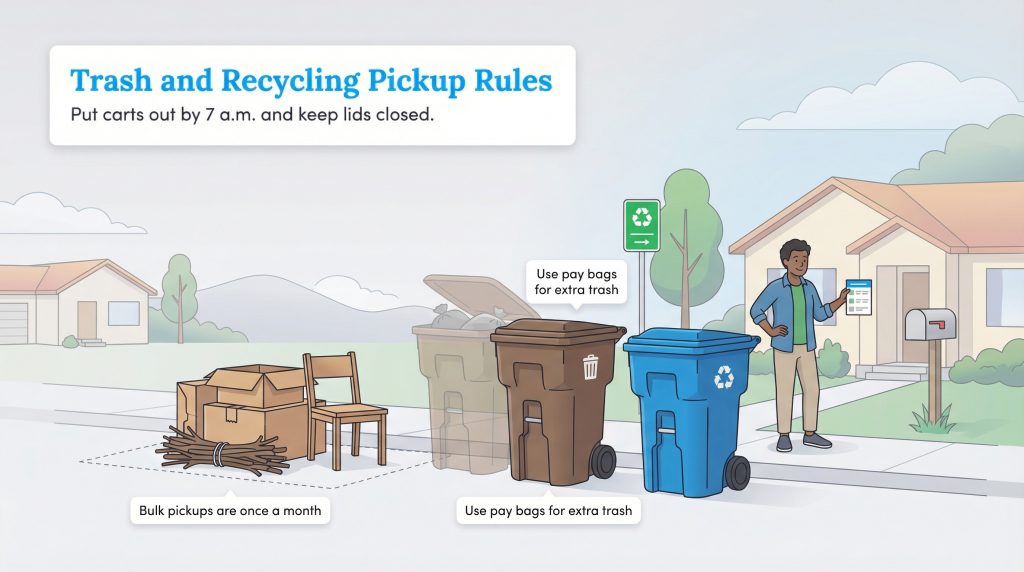 Infographic showing trash rules: 7 a.m. pickup, closed lids, pay bags for extra, monthly bulk pickup.