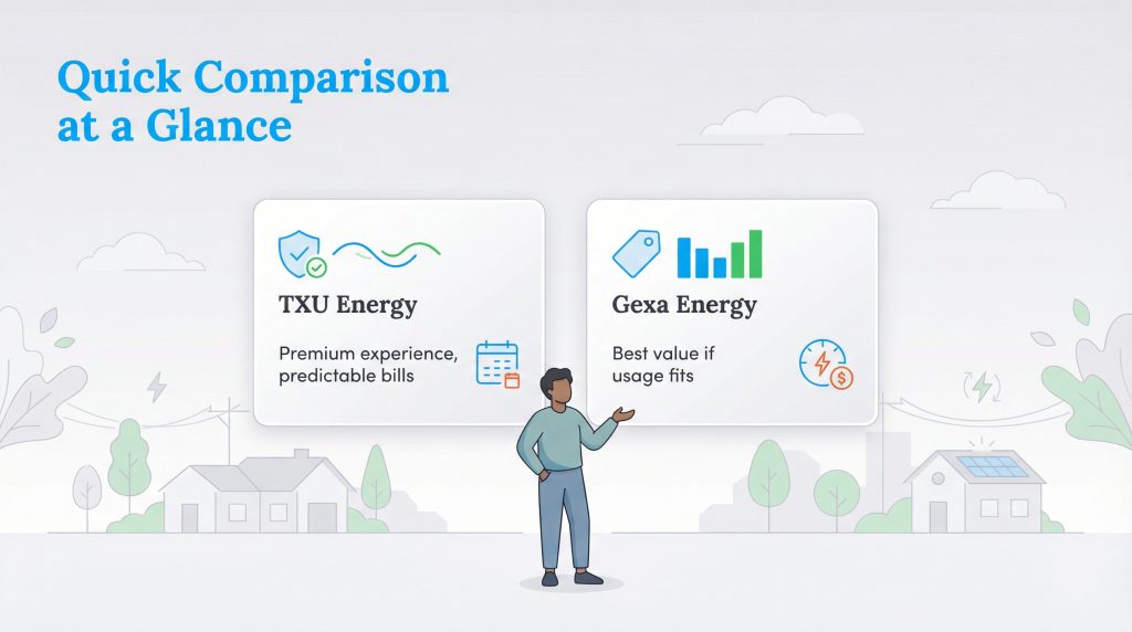 Illustration comparing TXU Energy as offering premium, predictable bills versus Gexa Energy as the best value if usage fits.