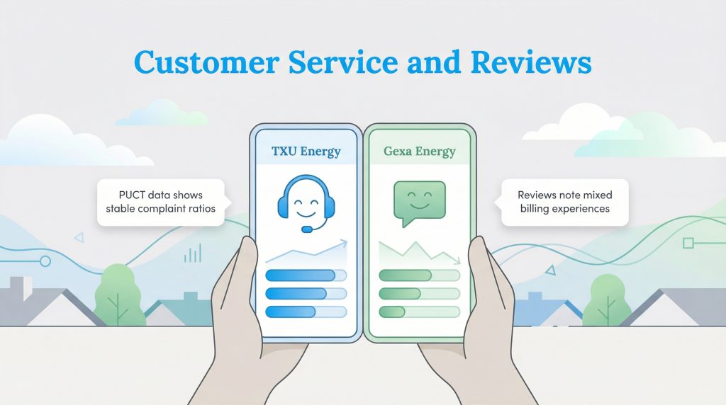 Graphic comparing TXU and Gexa customer service on two phone screens, noting TXU's stable complaint ratios versus Gexa's mixed billing experiences.