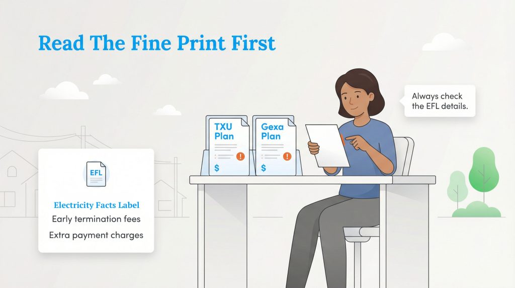 Woman reading fine print on TXU and Gexa plans, pointing to the EFL details.