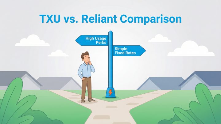 A man stands at a crossroads with signs pointing to High Usage Perks and Simple Fixed Rates.