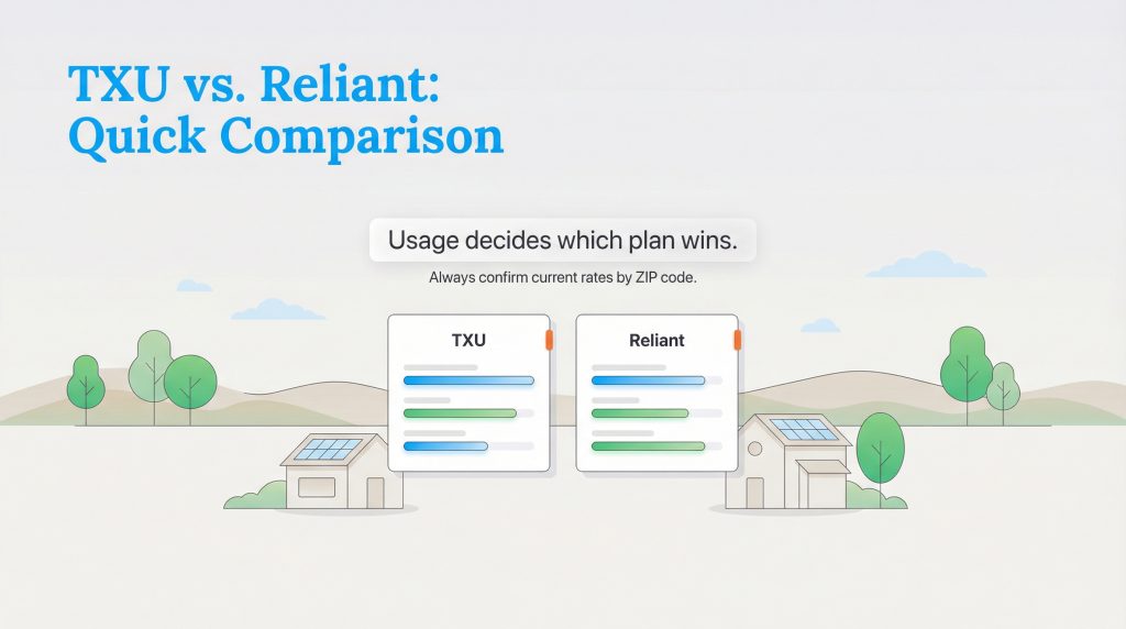 Graphic comparing TXU and Reliant energy plans, showing that the best option depends on usage.