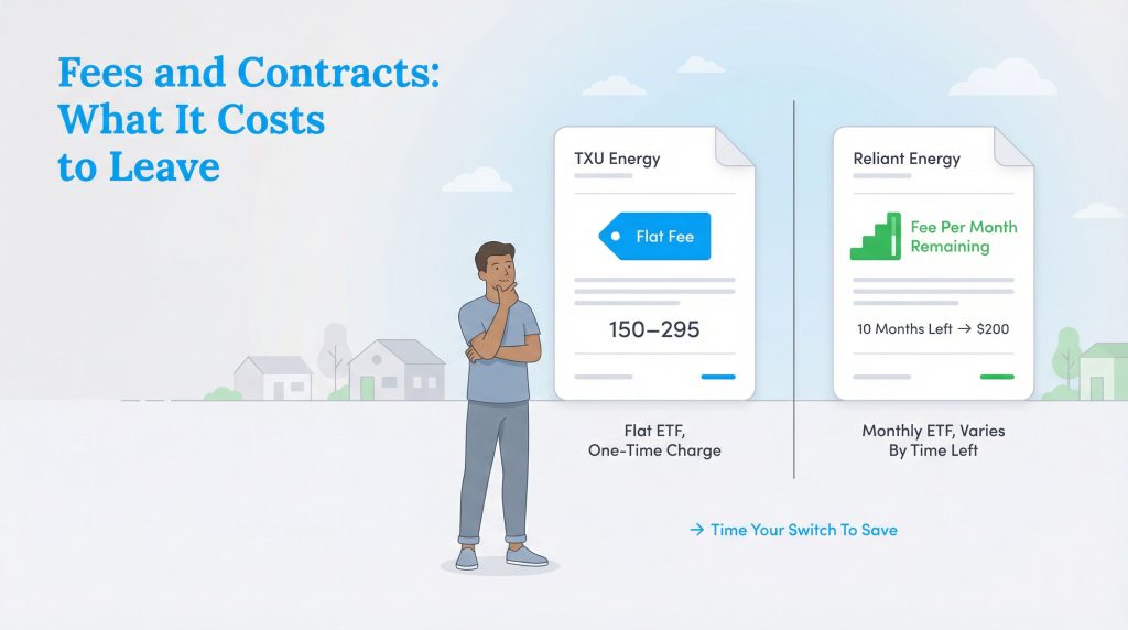Infographic showing TXU Energy's flat ETF ($150-$295) versus Reliant Energy's prorated ETF ($20/month).