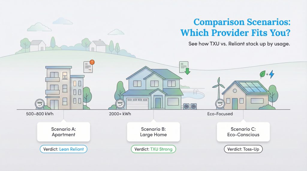 Infographic comparing TXU and Reliant energy plans for apartments, large homes, and eco-conscious users.