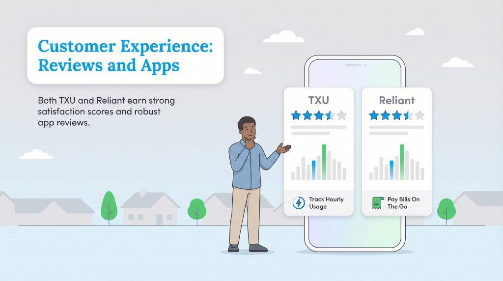 Illustration comparing TXU and Reliant customer reviews and app features like tracking usage and paying bills.