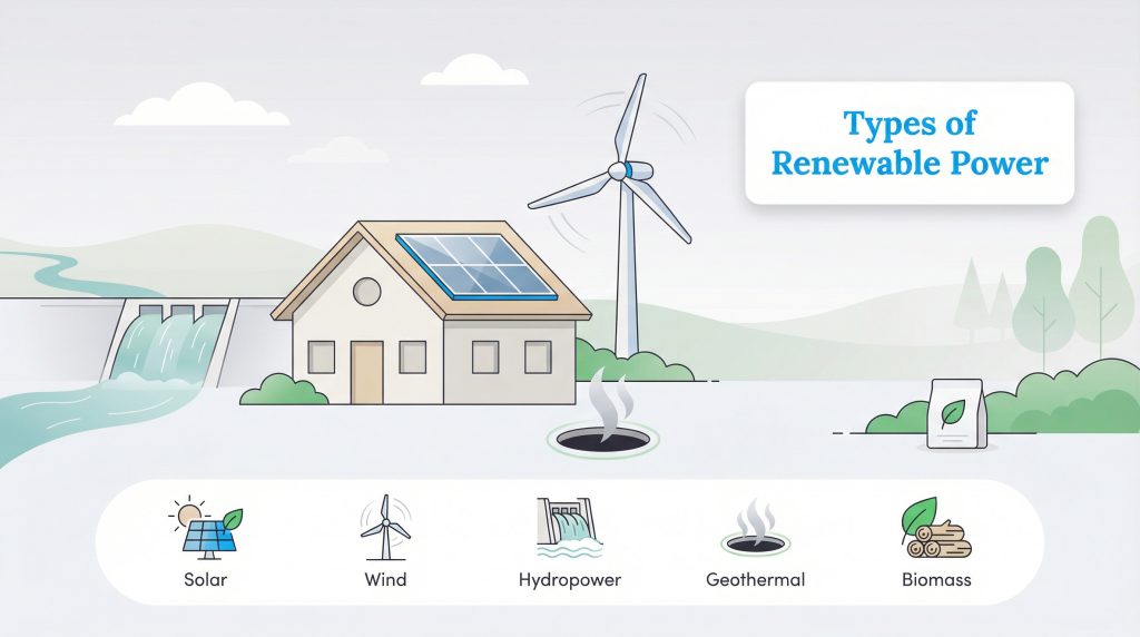 Illustration showing solar, wind, hydropower, geothermal, and biomass renewable energy sources.