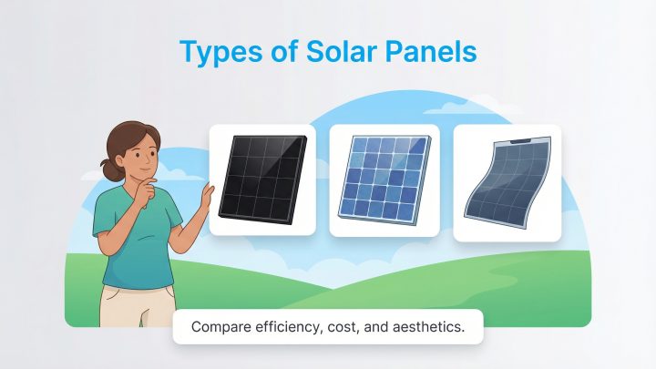A cartoon woman points to three types of solar panels: black, blue-tiled, and flexible.