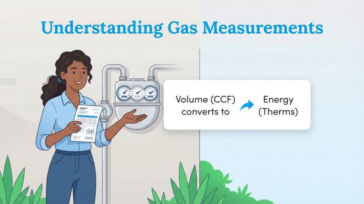 A woman points to a gas meter and a diagram showing that Volume (CCF) converts to Energy (Therms).