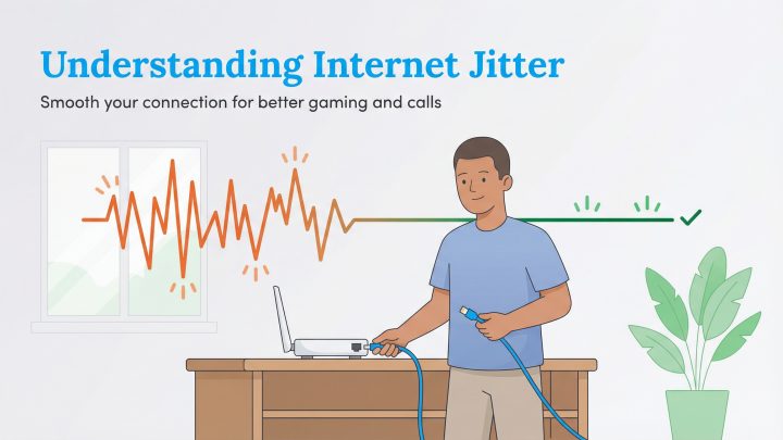 A man plugs an Ethernet cable into a modem, making a jagged internet signal graph become smooth.