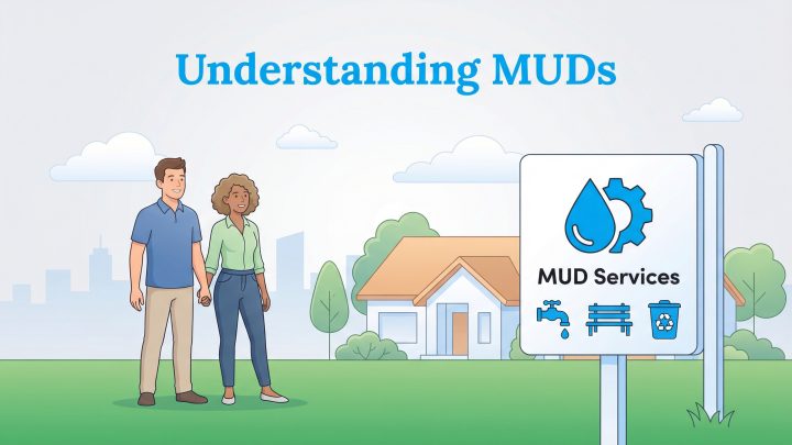 A couple stands before a sign detailing MUD Services including water, sewer, parks, and trash, with a house behind them.