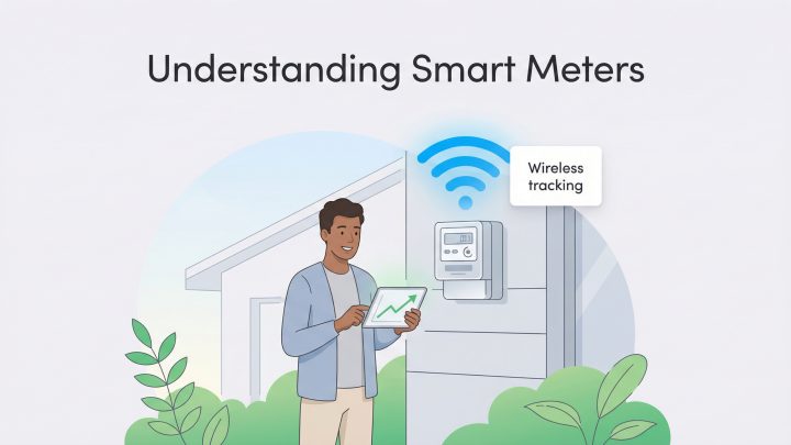 A man holds a tablet with a graph next to a house with a wireless smart meter transmitting data.