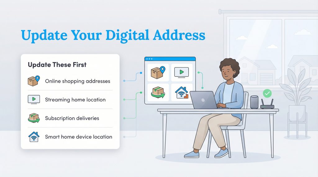 Person on laptop updating digital addresses for shopping, streaming, and smart devices.