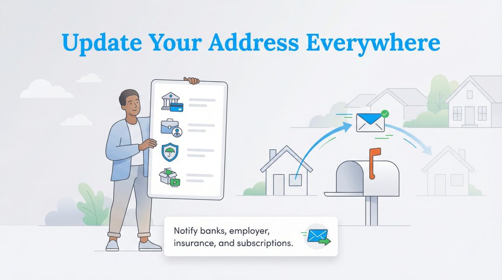 Illustration showing a person with a checklist to notify key contacts, and mail forwarding from an old to a new address.
