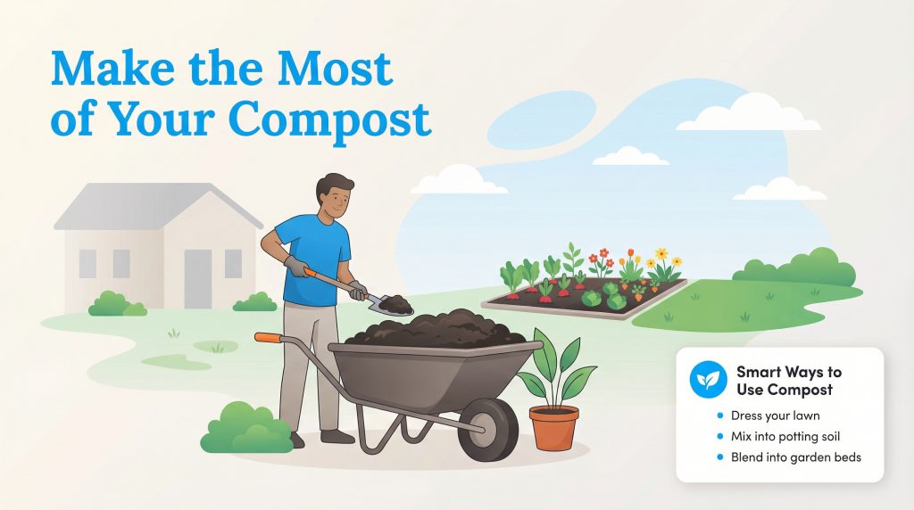 Illustration of a man shoveling compost from a wheelbarrow with a list of smart ways to use it.