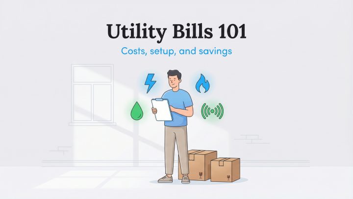 Illustration of a man managing utility bills with icons for water, electric, gas, and internet.
