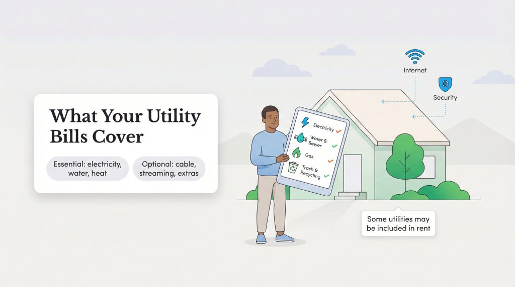Infographic of a man with a tablet listing utilities like electricity, water, and gas, near a house.