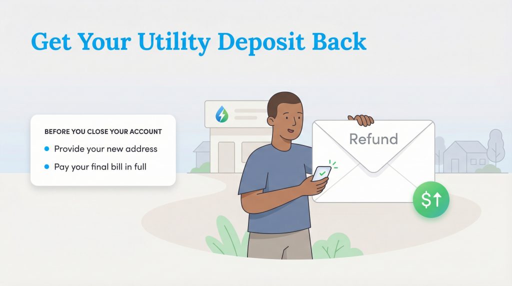 An illustration of a man receiving a utility deposit refund after providing his new address.