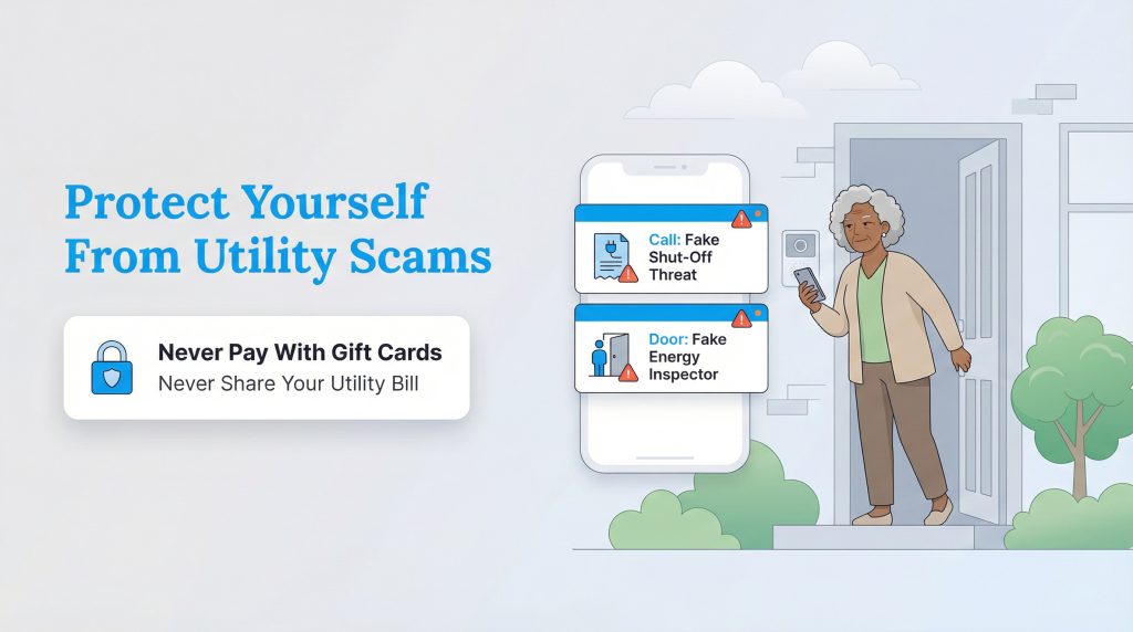 Infographic shows a senior woman with a phone receiving fake utility scam notifications and safety advice.