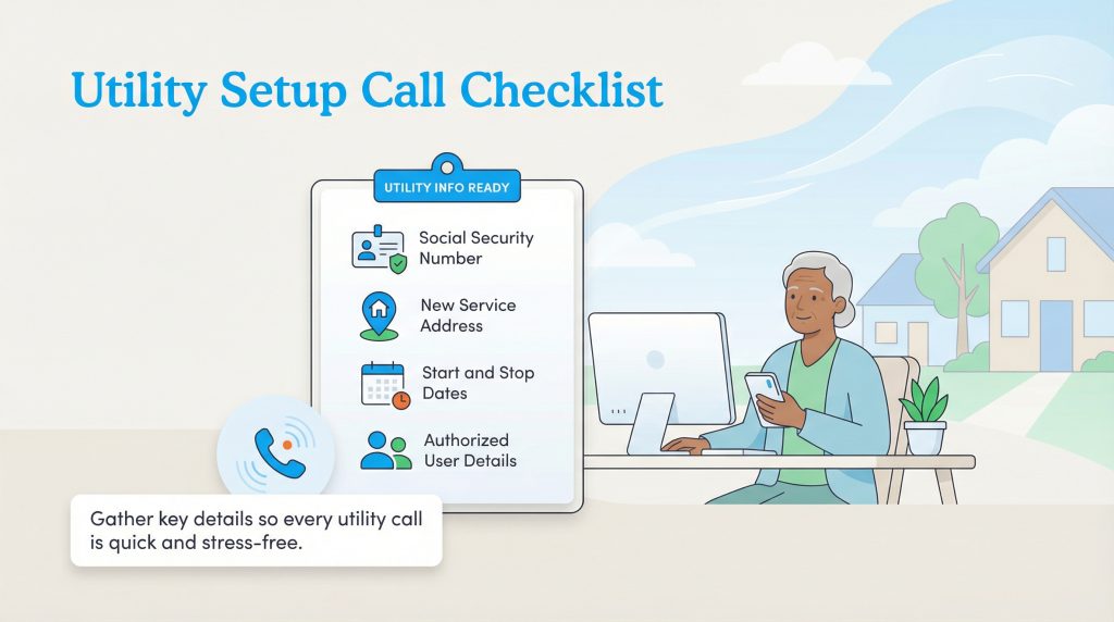 A senior woman calls a utility provider with a checklist of required documents ready.