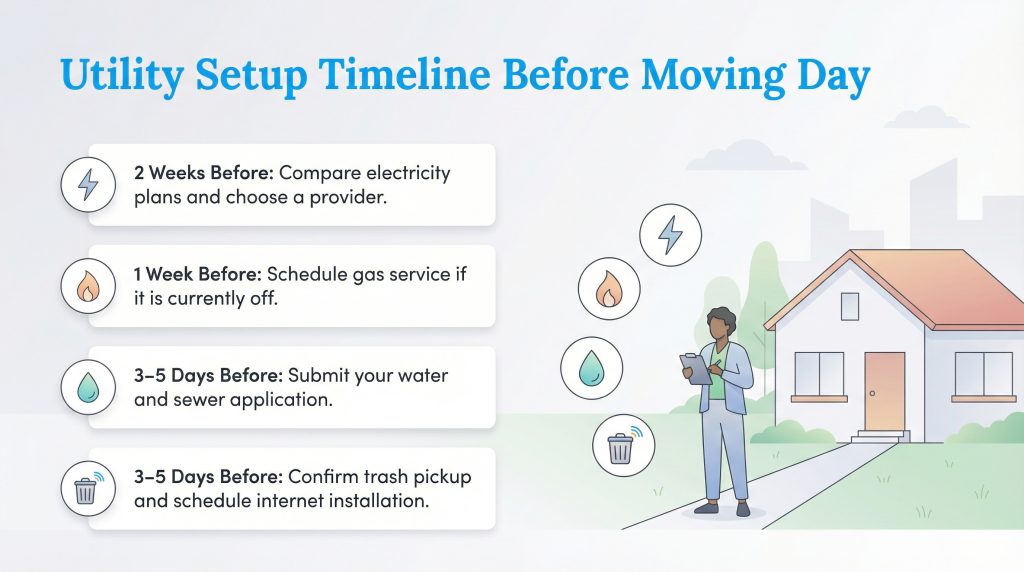 Infographic checklist showing the timeline for setting up electricity, gas, water, and internet before moving day.