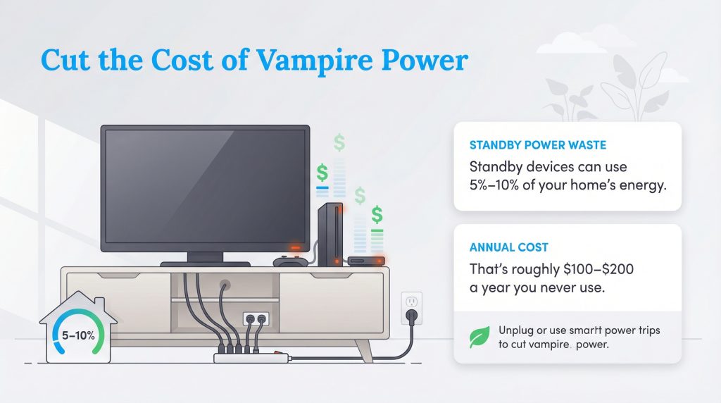 Illustration of electronics in standby mode wasting 5-10% of home energy, costing up to $200 a year.