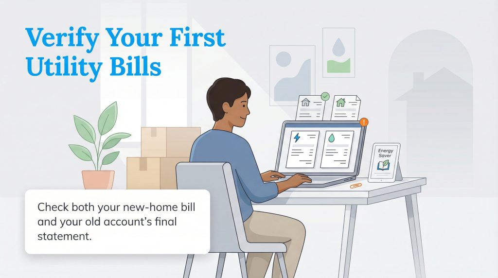 A person checks utility bills on a laptop with moving boxes, advising to verify both new and old statements.