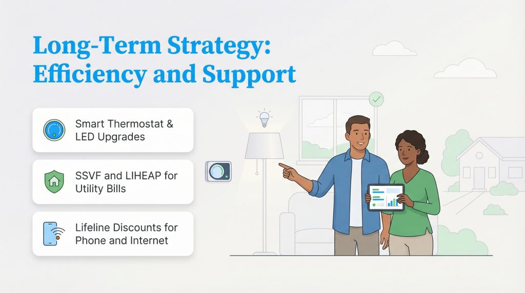 Infographic showing a couple discussing long-term home efficiency and support strategies.