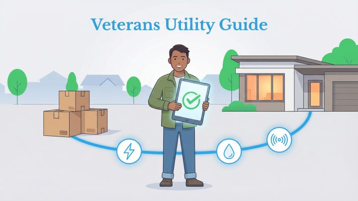 A veteran uses a tablet guide to connect utilities like power, water, and internet to a home.