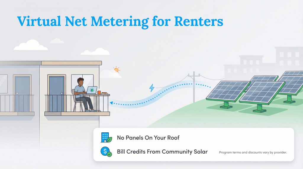 Infographic showing a renter receiving bill credits from an off-site community solar farm.