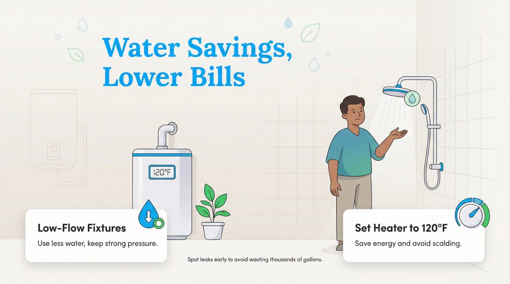 Infographic illustrating water conservation tips like low-flow fixtures and a 120°F heater setting.