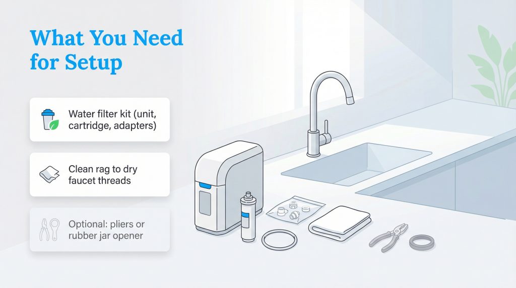 Illustration of items for water filter setup: kit, rag, pliers, and adapters on a kitchen counter.