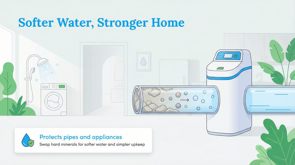 Infographic titled 'Softer Water, Stronger Home' showing a water softener protecting pipes and appliances.