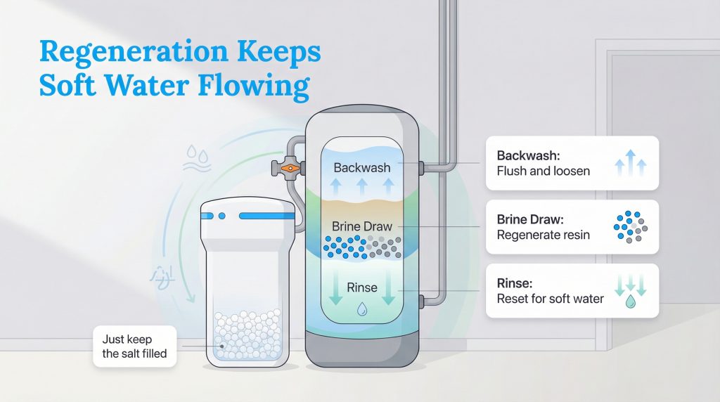 Diagram illustrating the water softener regeneration cycle: Backwash, Brine Draw, and Rinse.