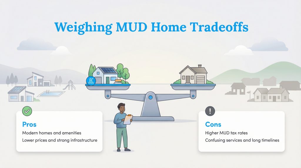 A scale balances MUD home pros, like modern amenities, against cons, such as higher tax rates.