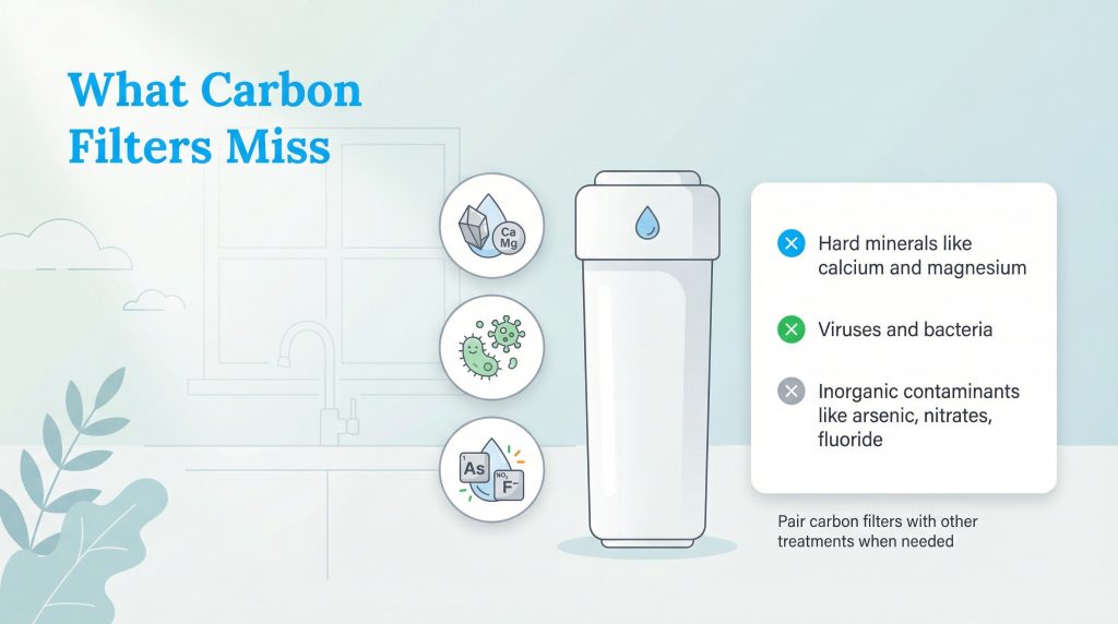 Infographic showing that carbon filters do not remove minerals, viruses, bacteria, and inorganic contaminants.