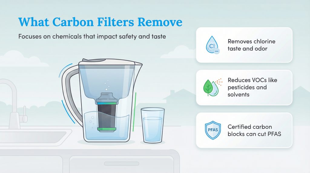 Infographic detailing how carbon filters remove chlorine, reduce VOCs, and cut PFAS from water.