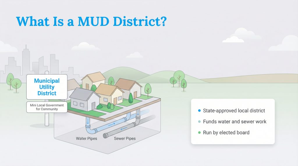 Diagram illustrating a Municipal Utility District (MUD) with houses, underground water and sewer pipes, and explanatory text about its function and governance.
