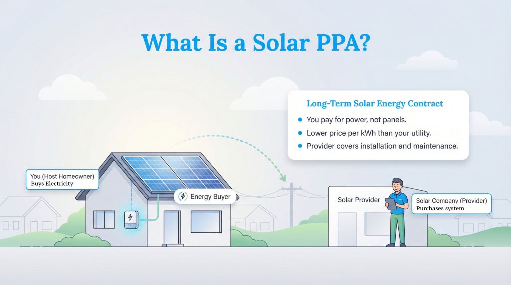 Diagram illustrating a Solar PPA between a homeowner and a provider, showing key benefits.